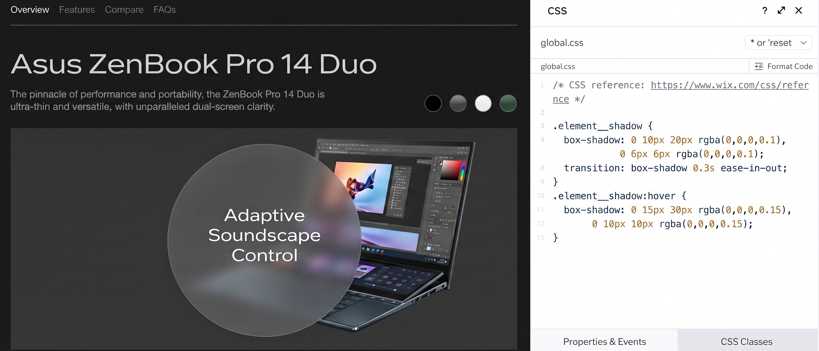 Advanced website workspace with live CSS editor