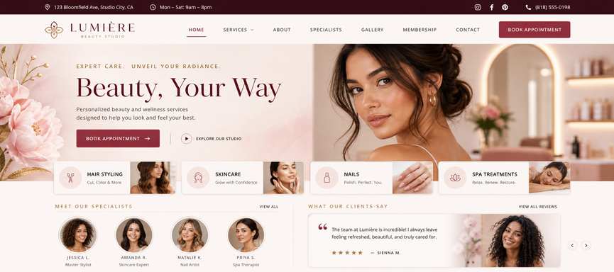 Zoomed beauty and salon website displayed inside a mobile phone with services, stylists, appointments, and ratings