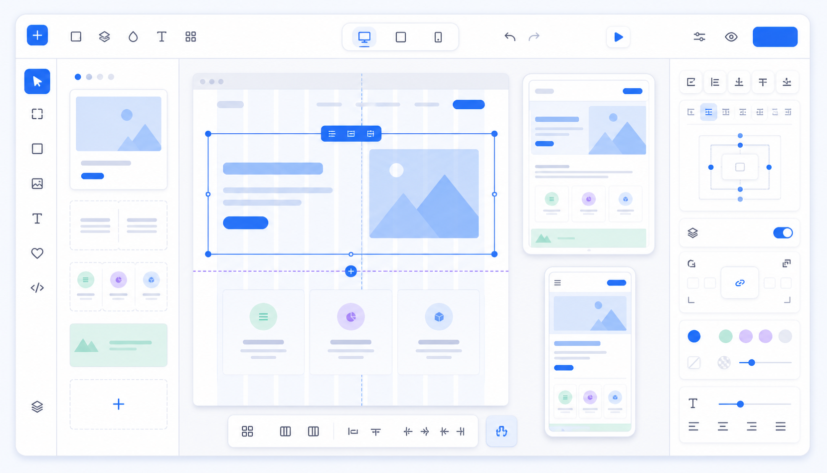 Responsive layout editor with desktop, tablet, and mobile previews