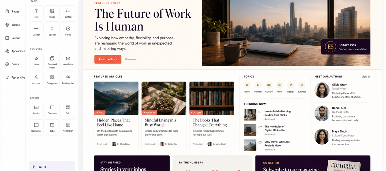 Blog website builder with featured stories, article categories, authors, trending posts, and newsletter tools