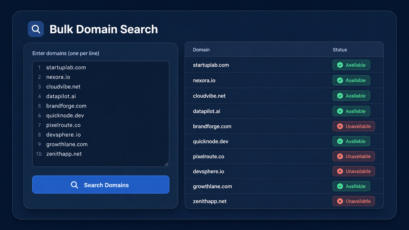 Bulk domain name availability search interface