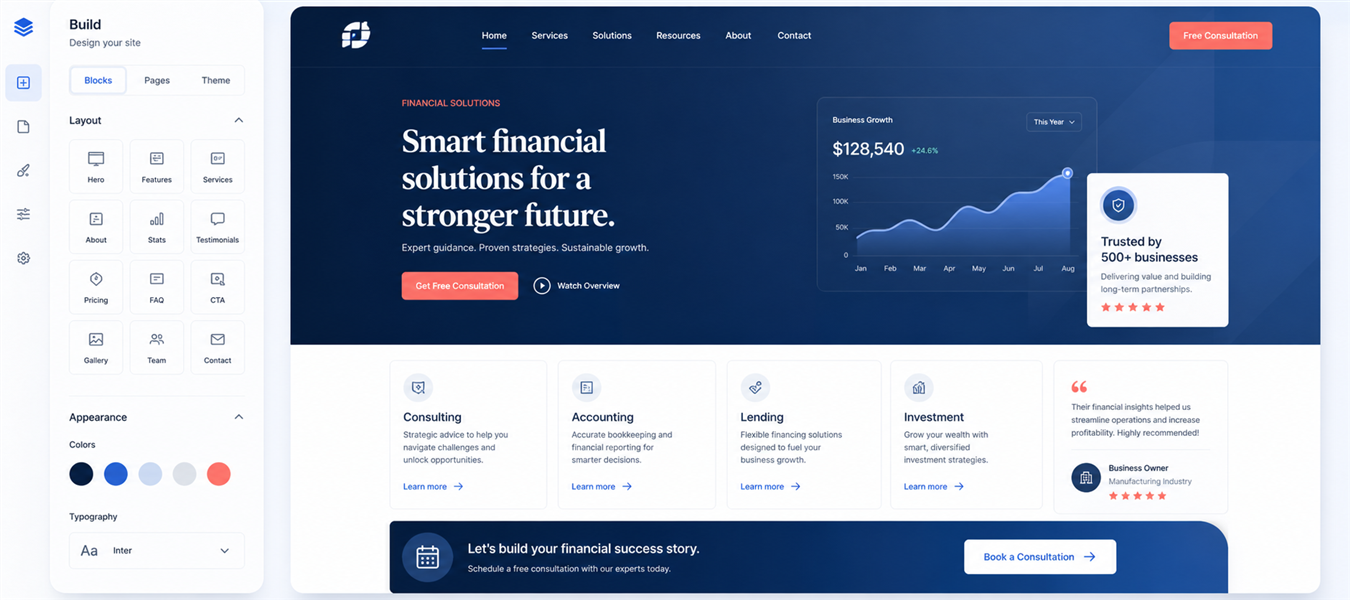 Business and finance website builder with service, growth, testimonial, and consultation sections