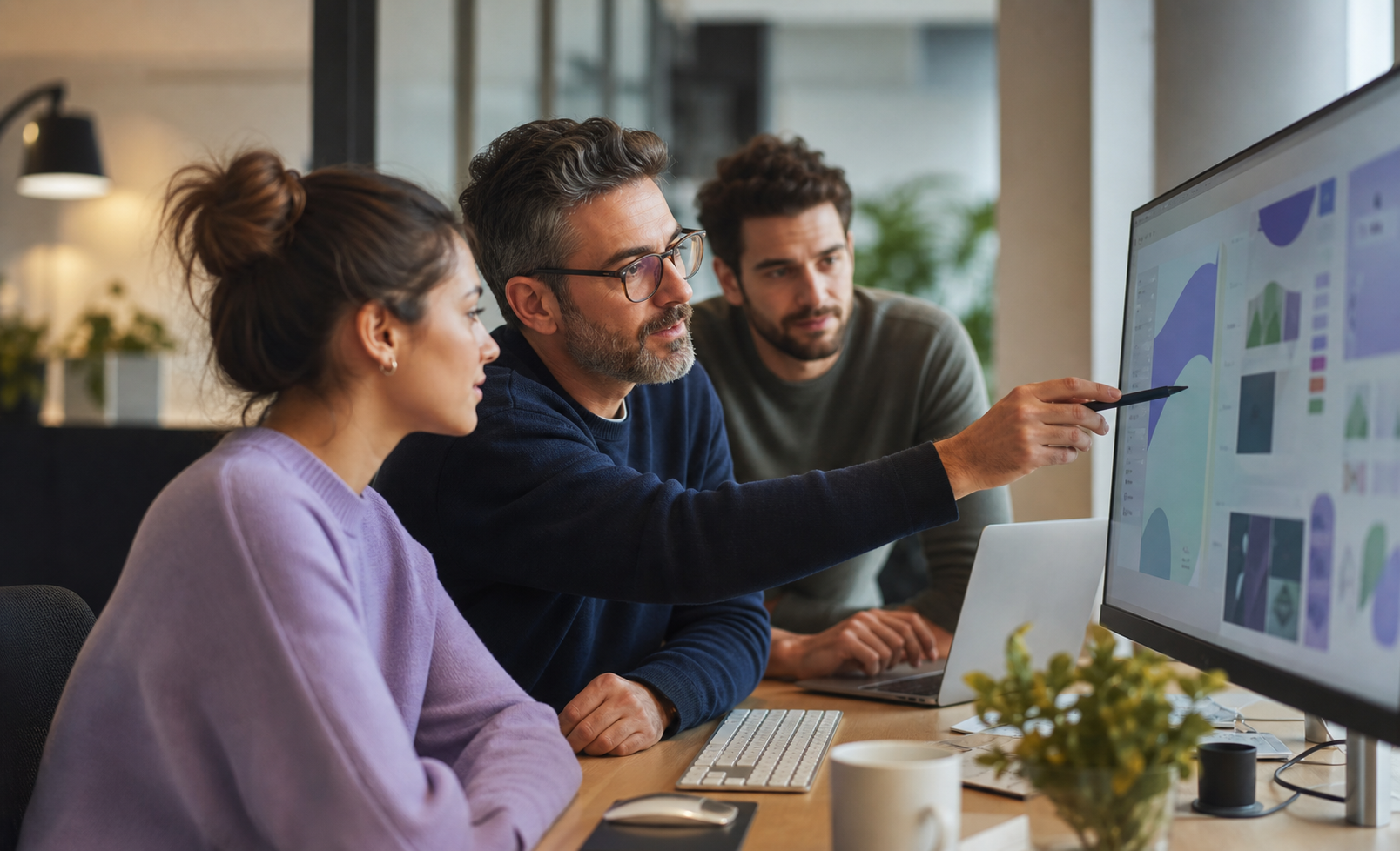 Designer mentoring teammates at a product screen