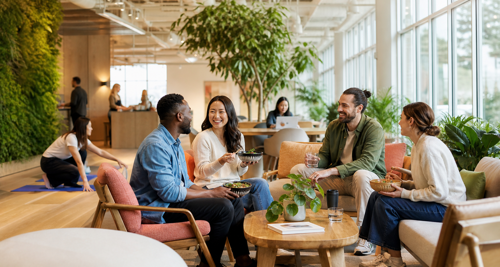 Colleagues enjoying lunch together in a bright workplace lounge