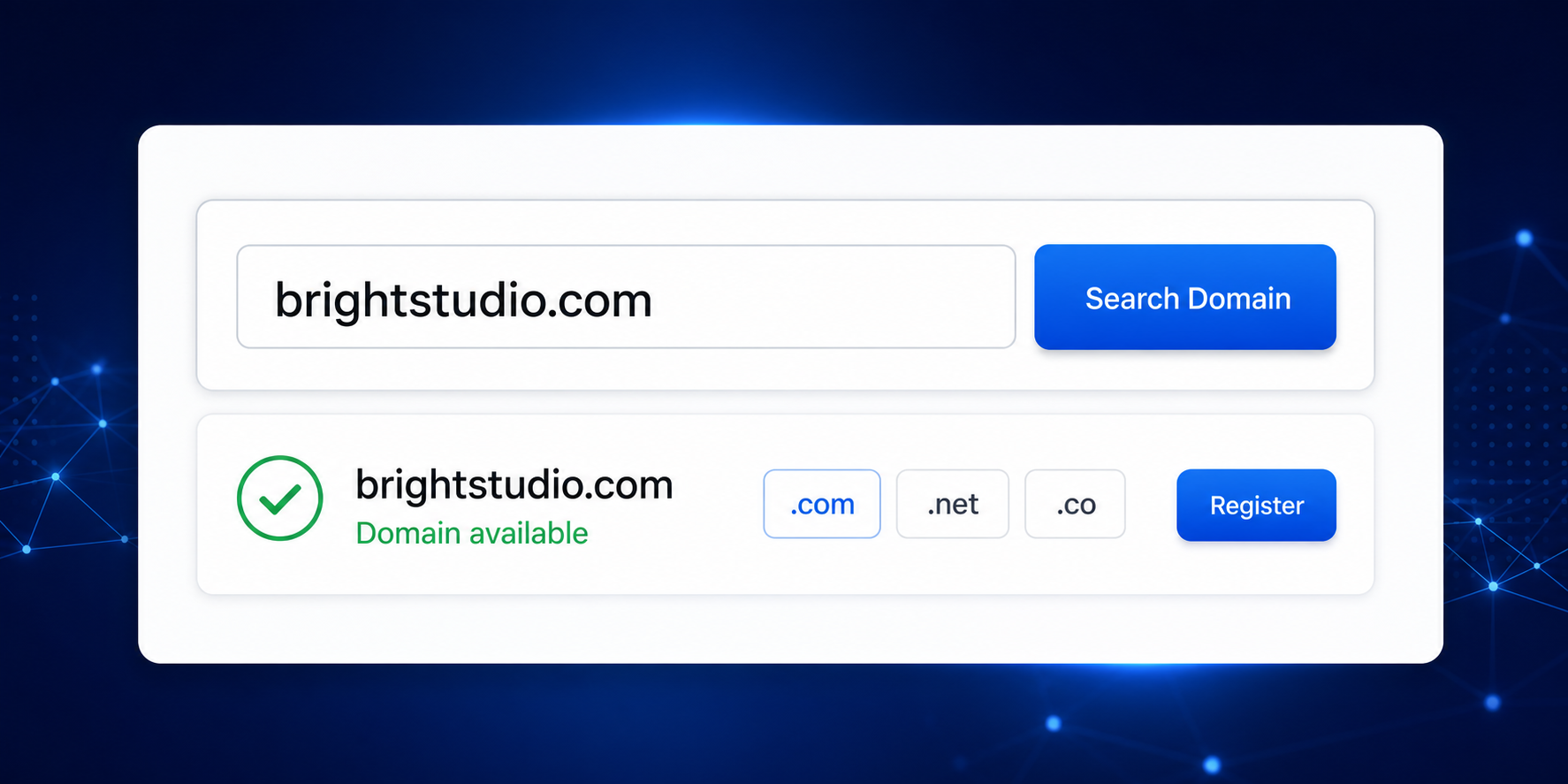 Domain search interface showing an available domain name