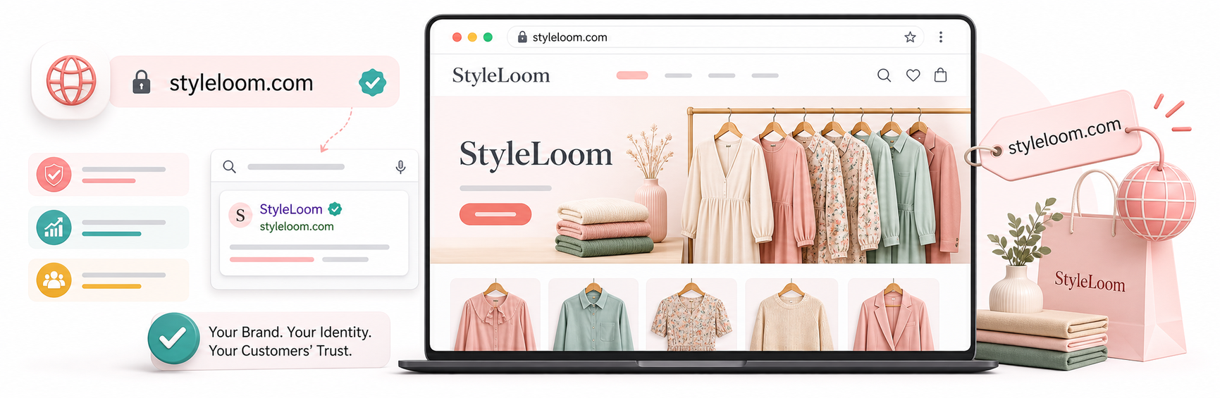 Garment shop website with custom domain branding and search visibility