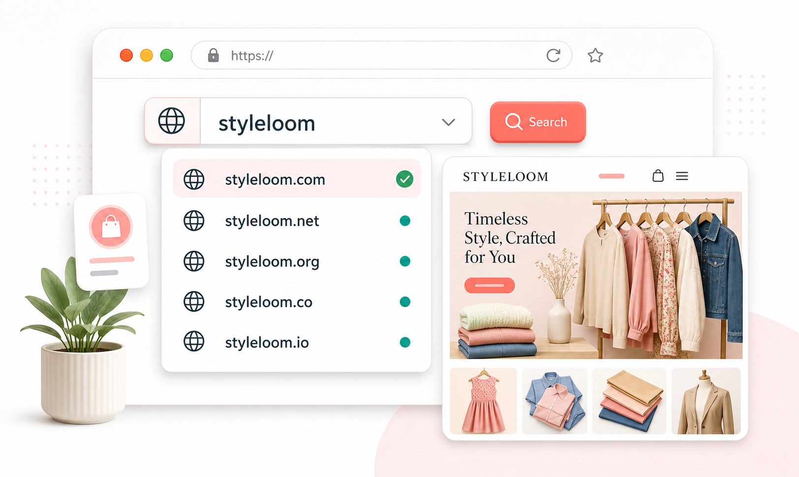 Garment shop domain dropdown selector with clothing preview