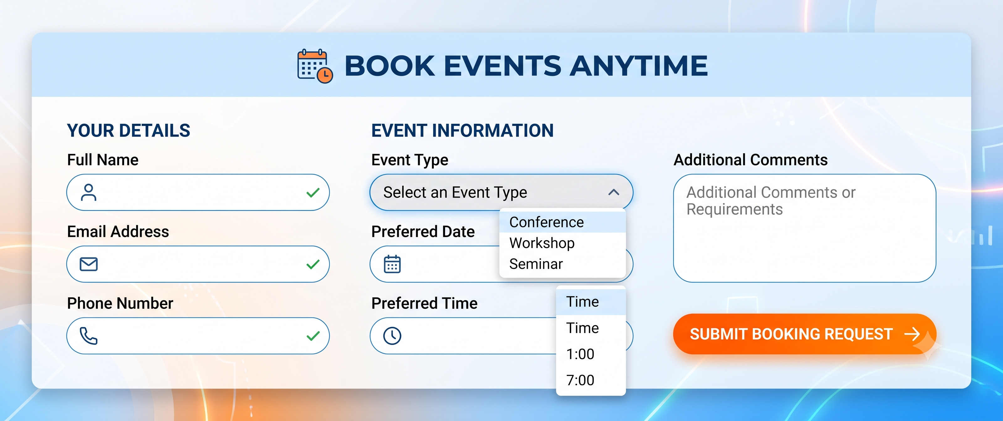 Book events anytime