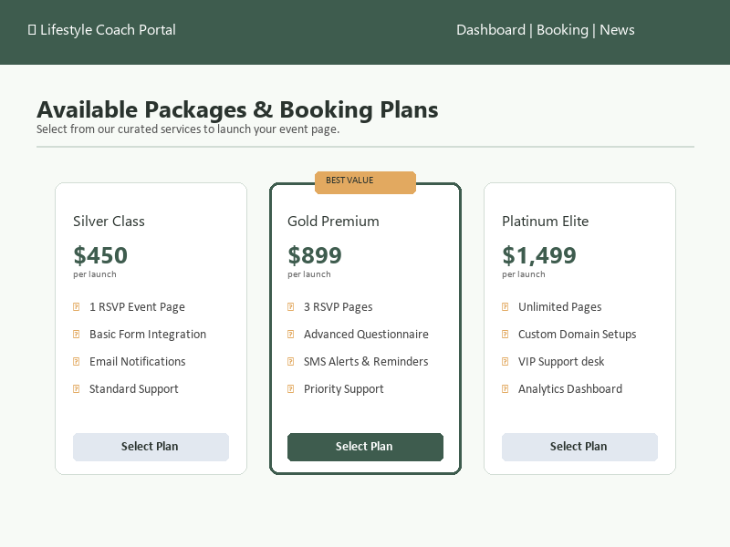 Event pages and packages