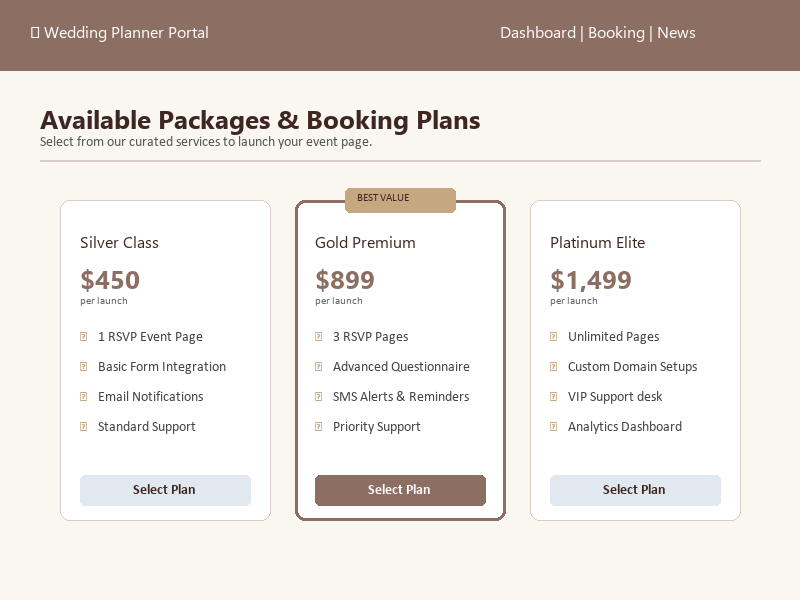 Event pages and packages