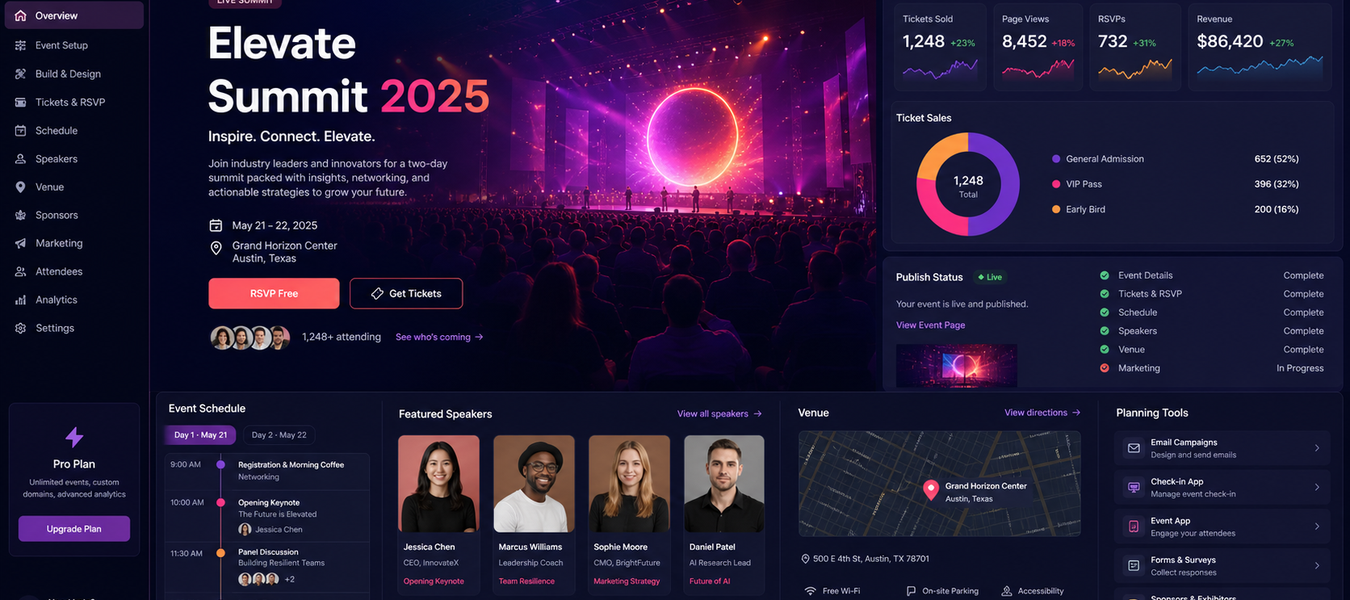 Desktop event website builder with RSVP, ticketing, schedules, speakers, venue details, analytics, and planning tools