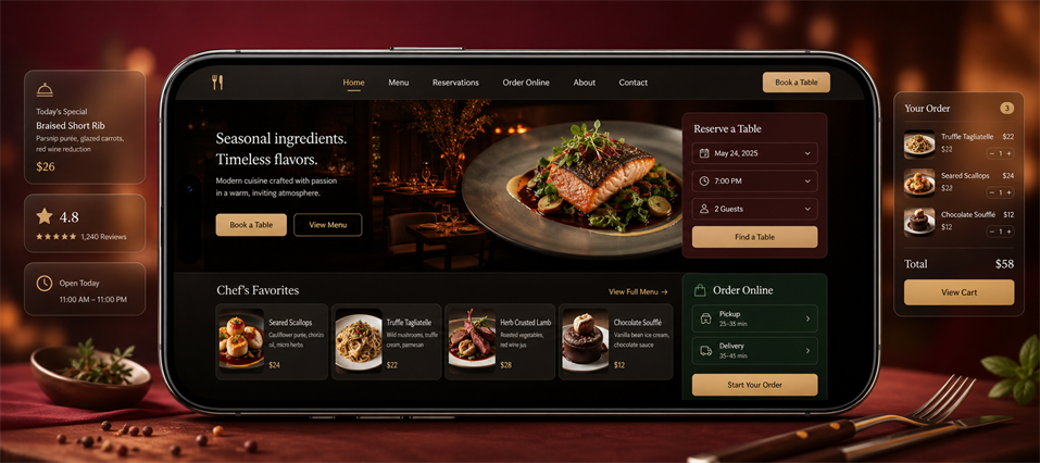 Restaurant website displayed in a mobile device with dining, reservations, menus, and online ordering