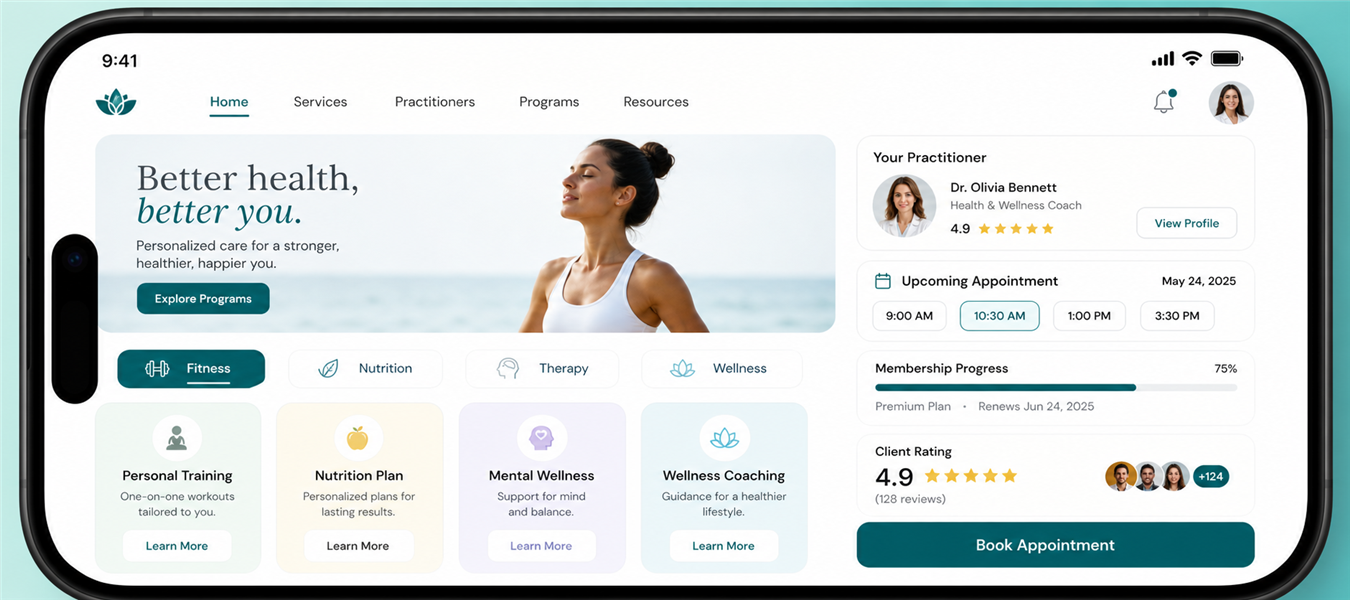 Zoomed health and wellness website displayed inside a mobile phone with services, practitioners, appointments, and membership tools