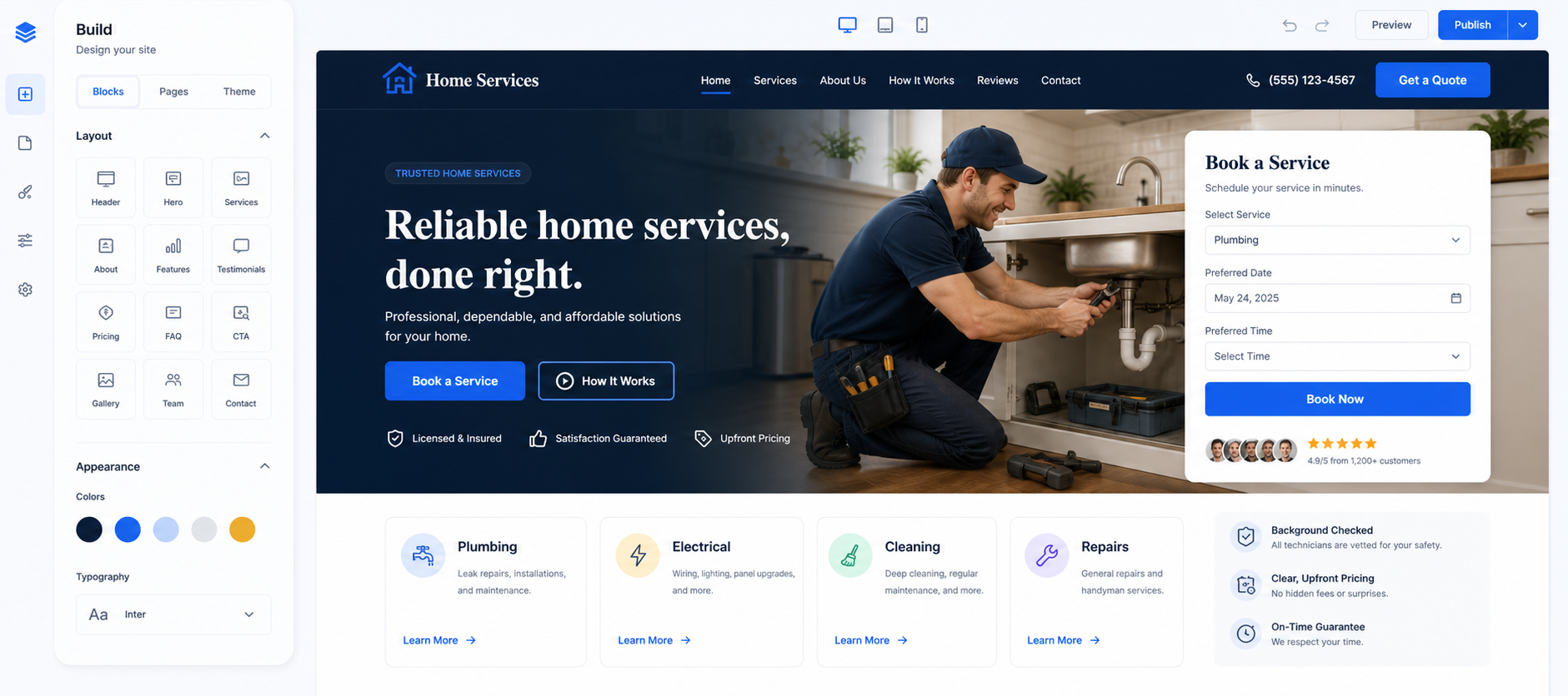 Desktop home services website builder with service pages, appointment booking, quote forms, reviews, and local service tools