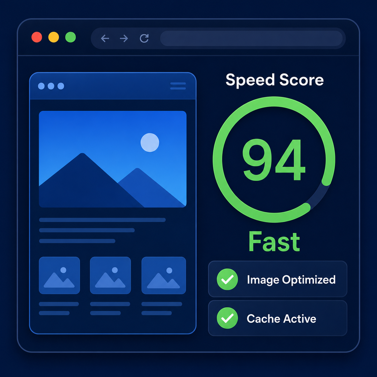 Website speed score and optimization status