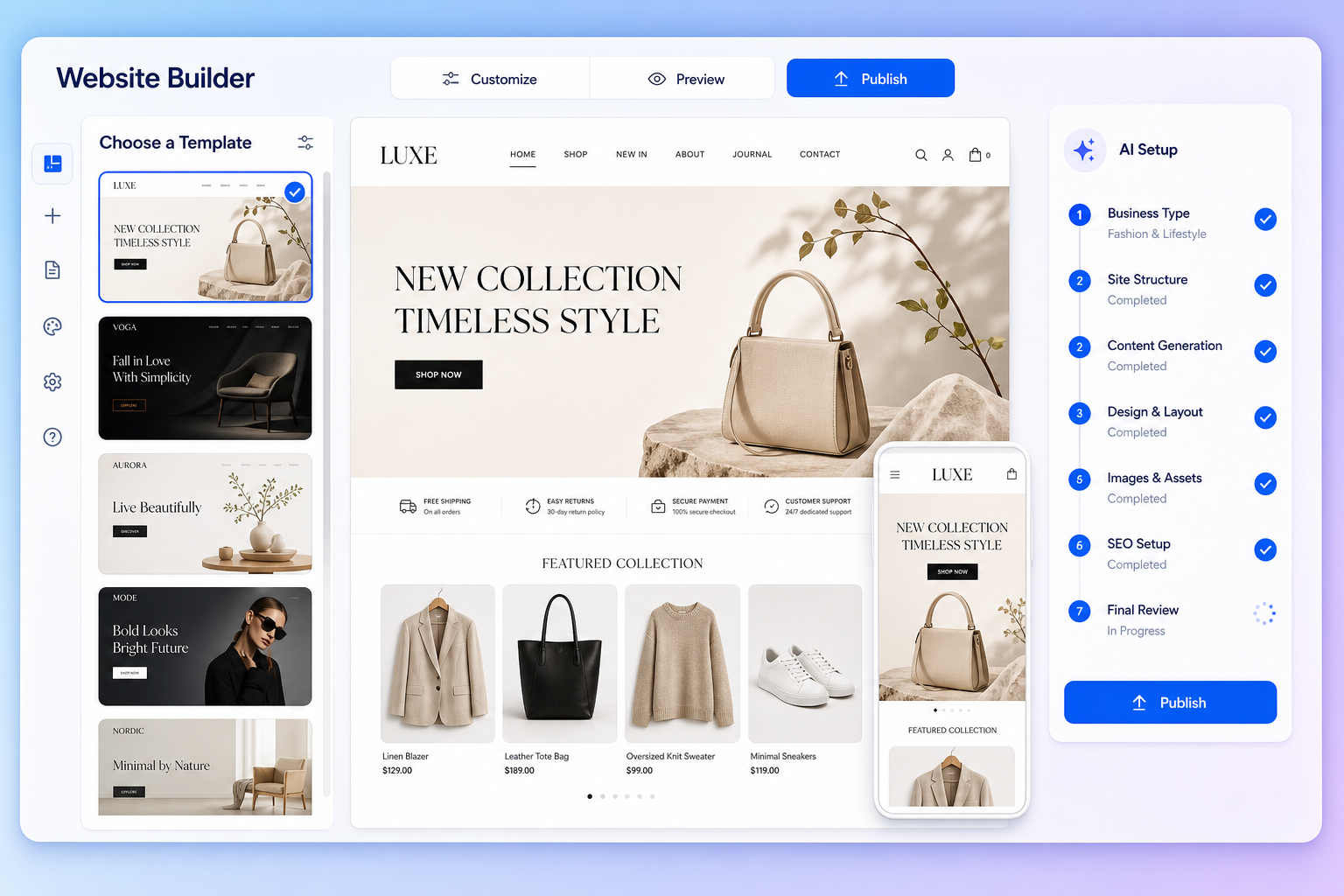 Website builder with templates, AI setup, live preview, and publishing tools