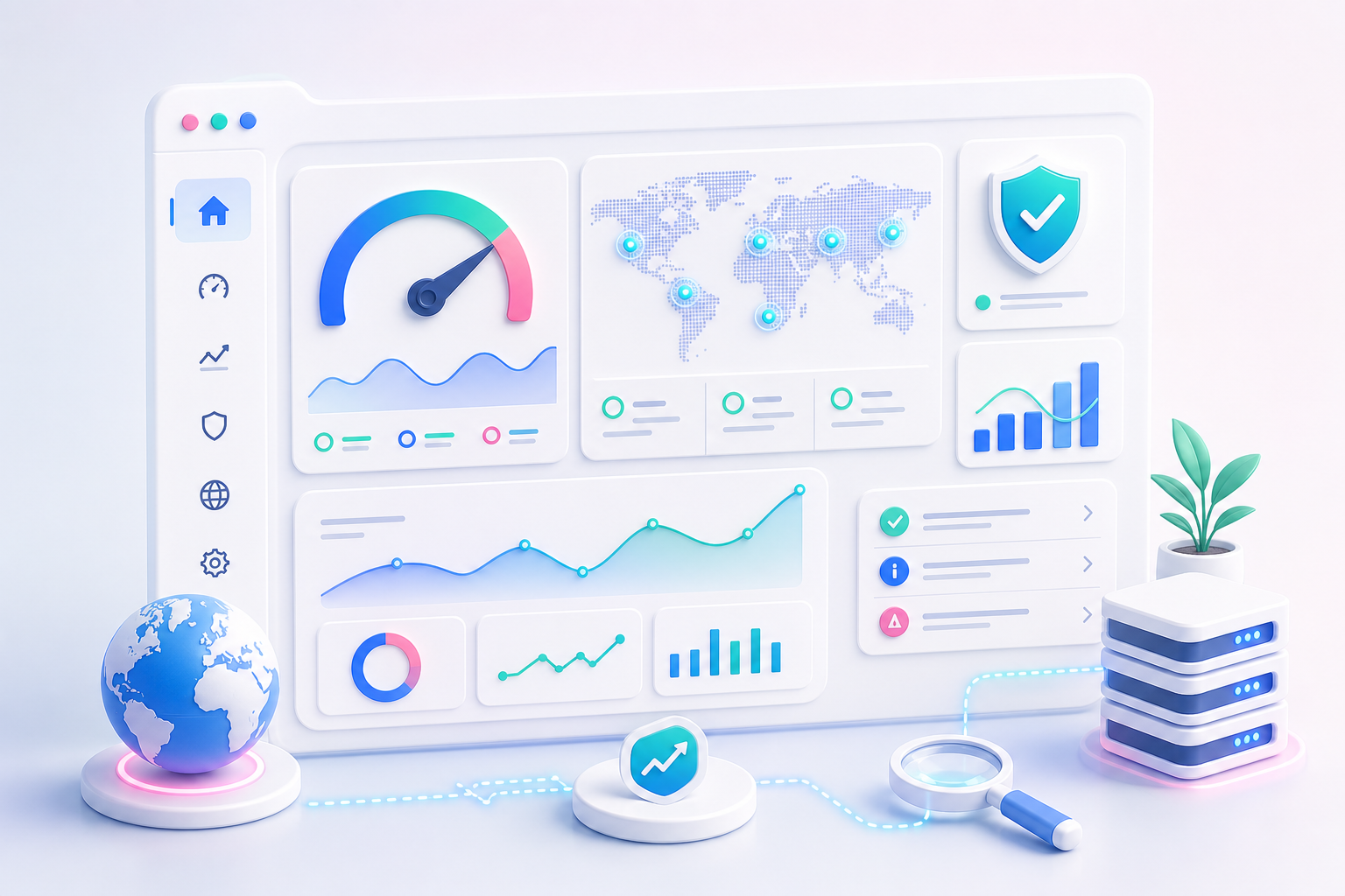 Hosting performance and real-time server dashboard showing CPU, memory, and bandwidth analytics