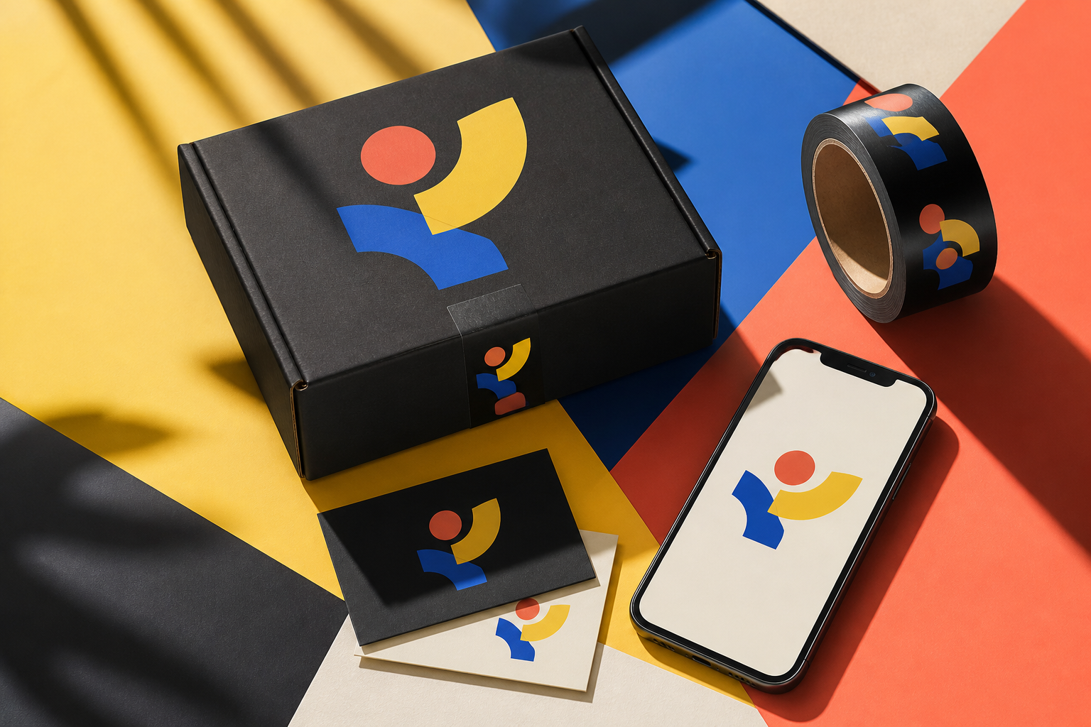 Colorful identity applied across packaging, phone and stationery