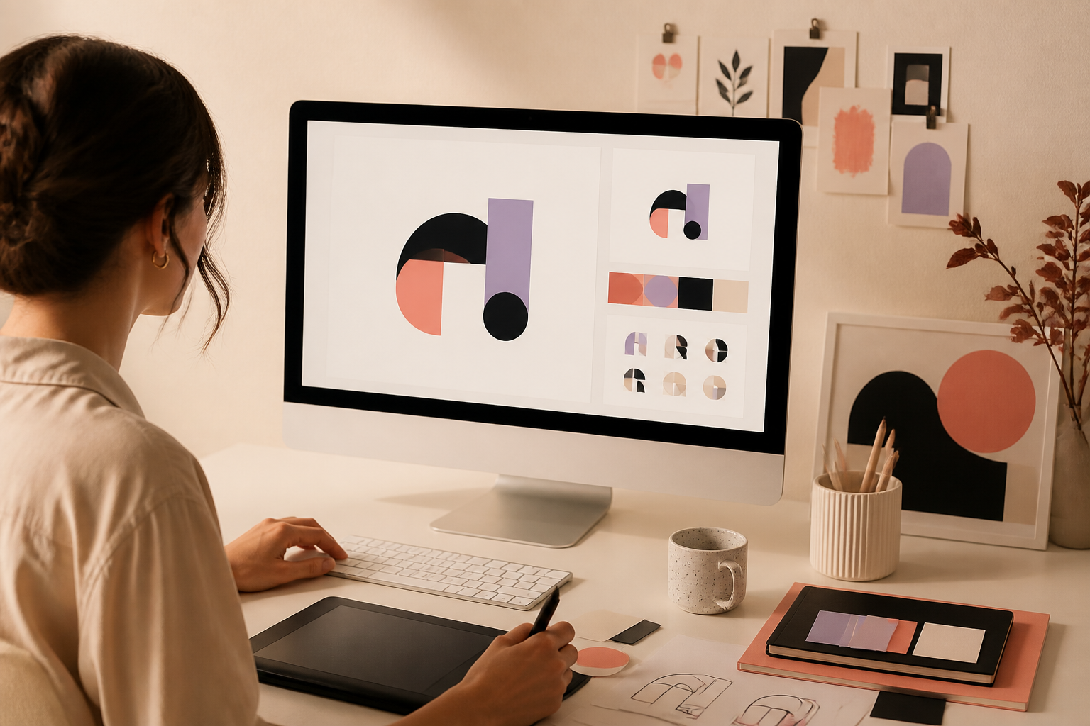 Designer creating a geometric visual identity