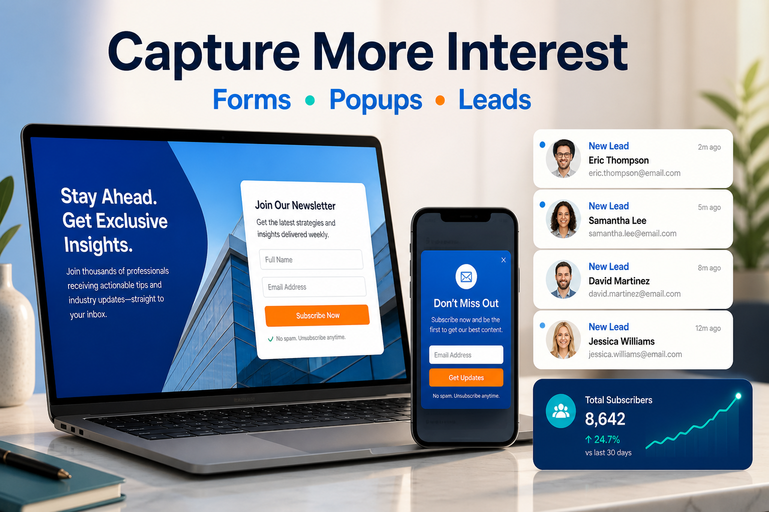 Lead capture forms, popups, and subscriber growth