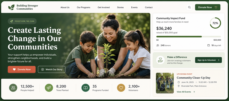 Nonprofit website preview with campaigns, donations, volunteers, events, and community impact tools