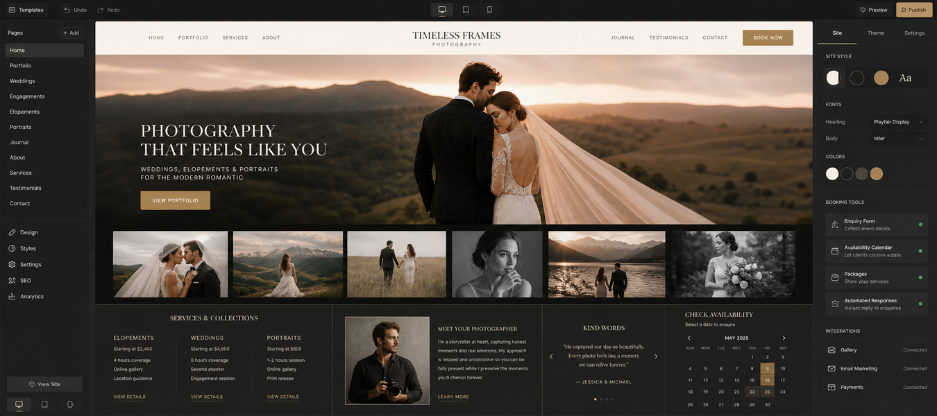 Desktop photography portfolio website builder with galleries, packages, testimonials, availability, and booking tools