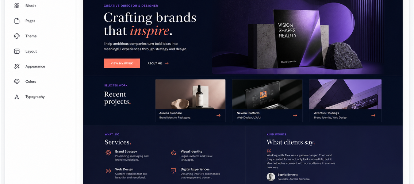 Portfolio website builder with featured projects, creative services, client testimonials, and enquiry tools