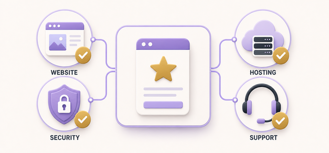 One subscription connecting website building, hosting, domains, security, analytics and support