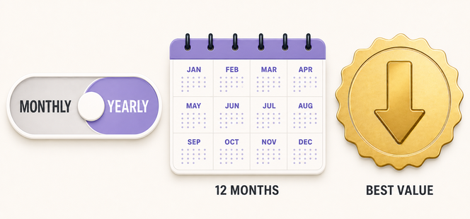 Yearly billing dashboard showing annual savings and a free domain