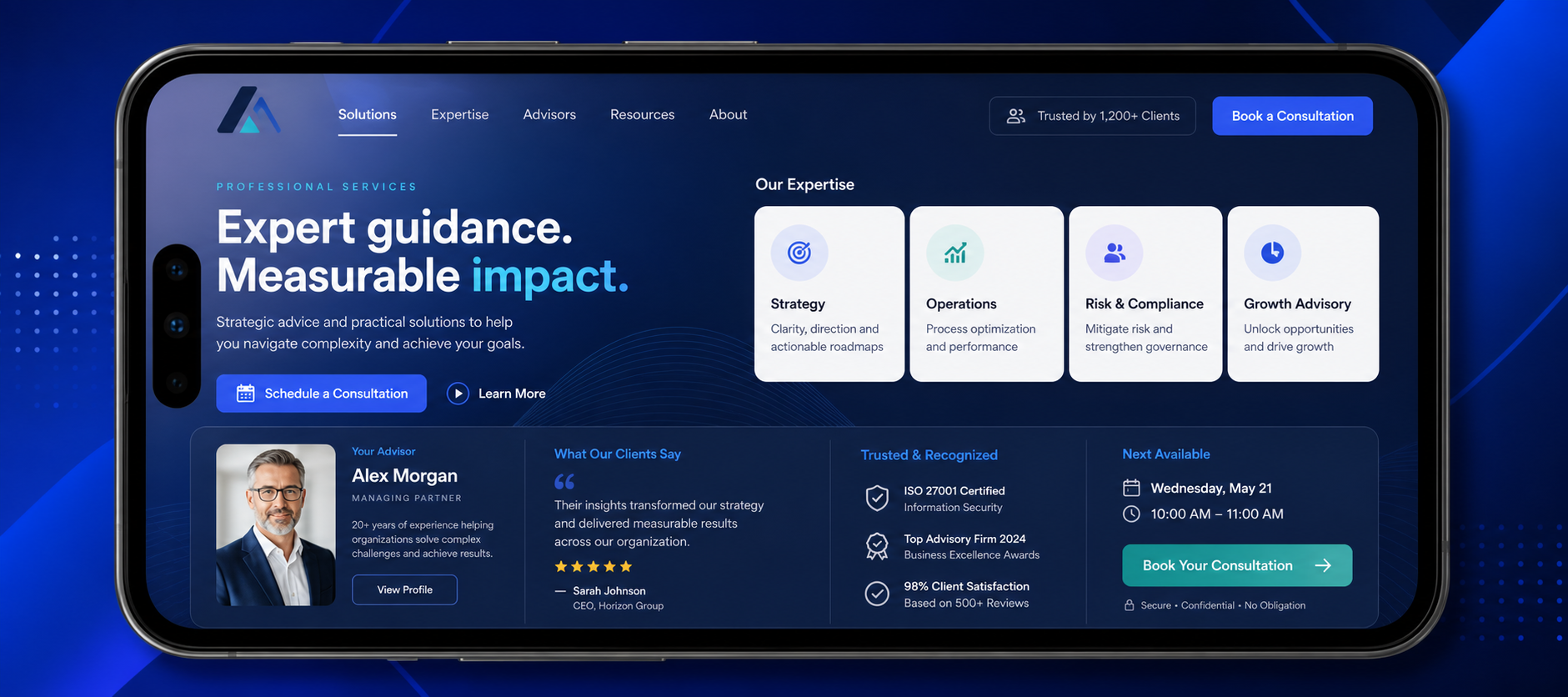 Zoomed professional services website displayed inside a mobile phone with expertise, advisors, testimonials, and consultation tools