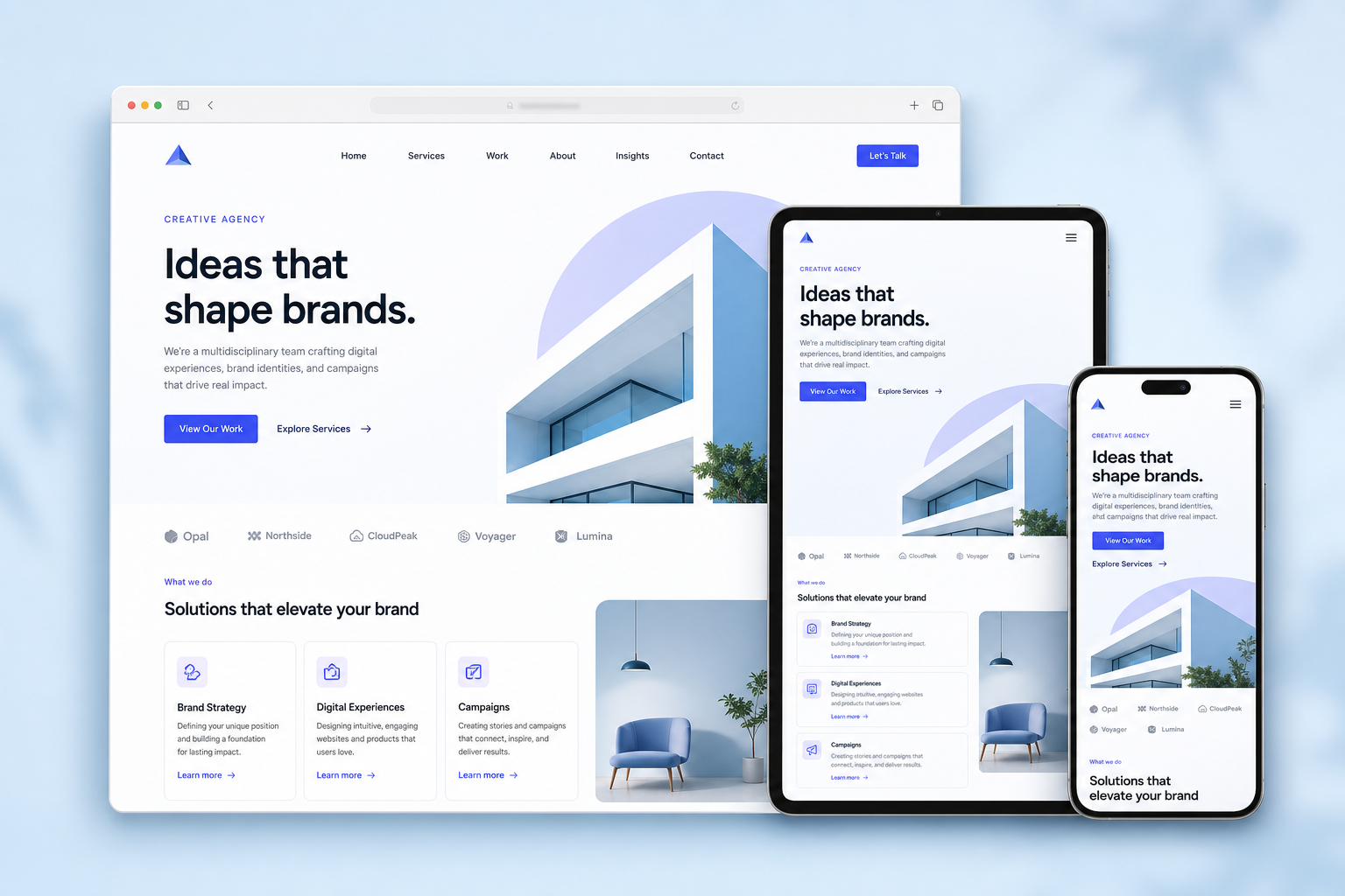 Responsive website template shown across desktop, tablet, and mobile screens