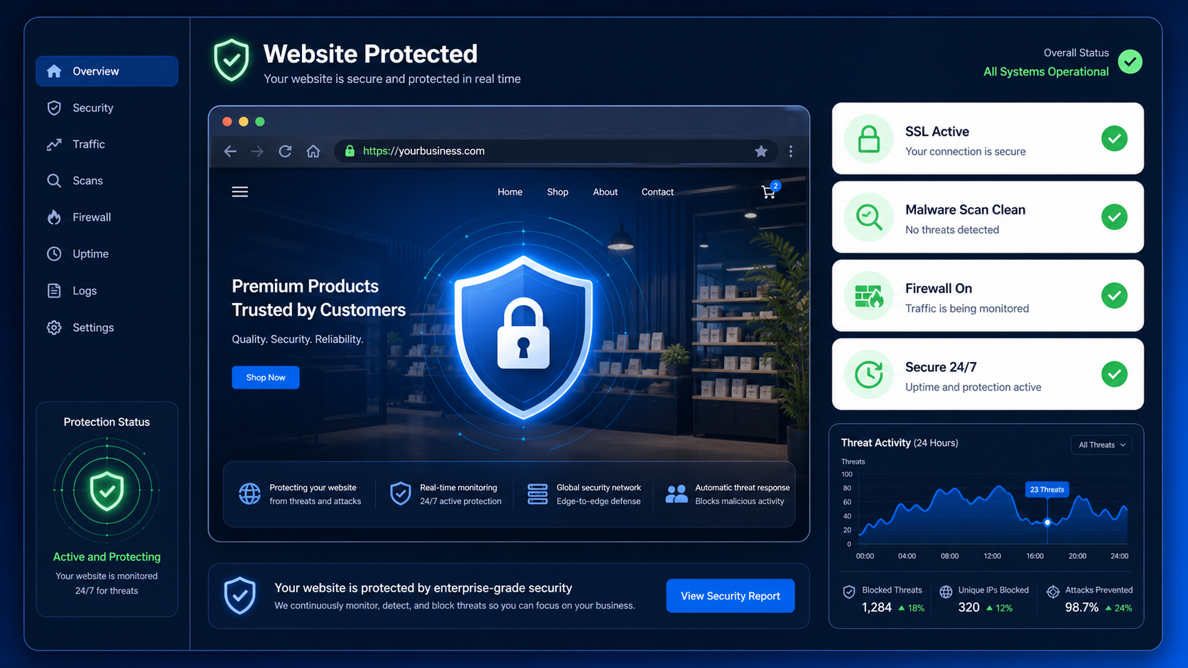Website protection dashboard showing SSL, malware scanning, firewall, and uptime security