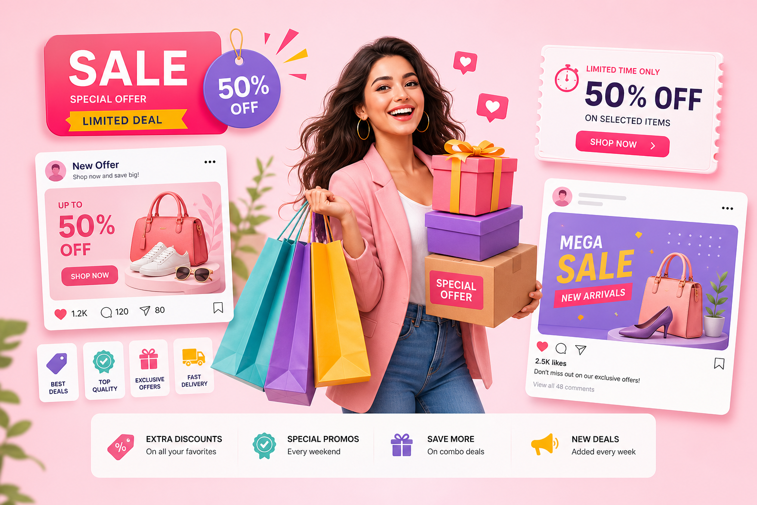 Woman carrying shopping bags and offer items for promotional banners