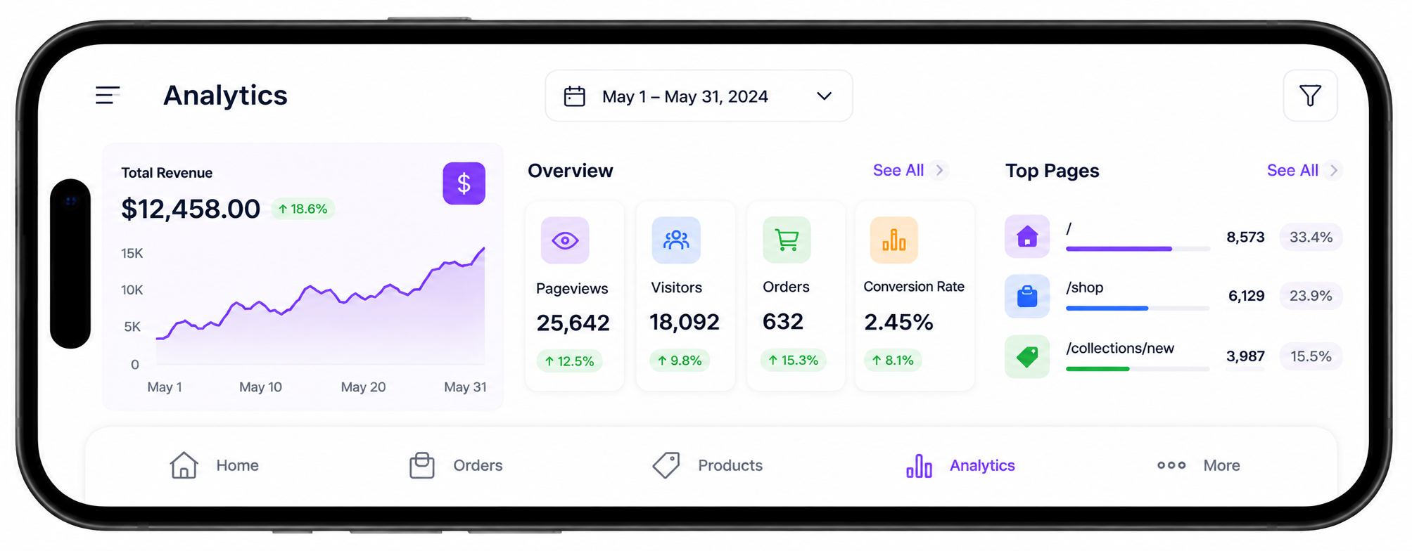 Website analytics dashboard showing page views, sales, and visitor activity