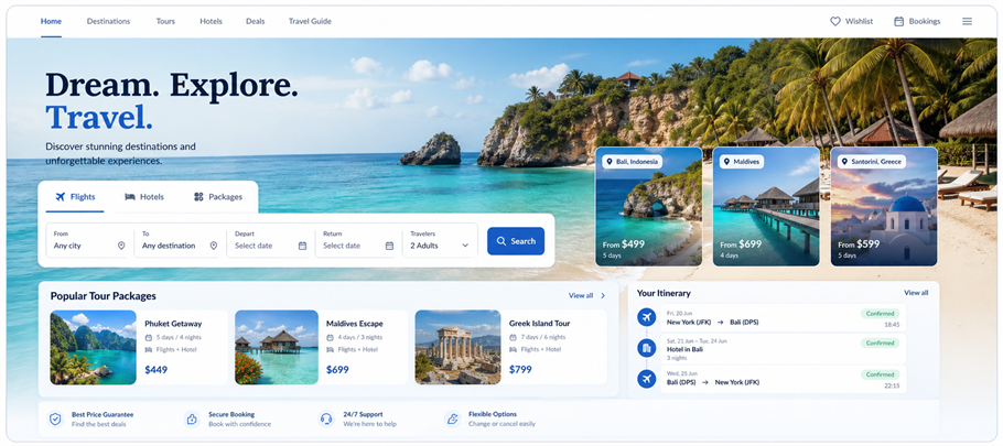 Travel booking website preview with destinations, tour packages, itinerary details, and search tools