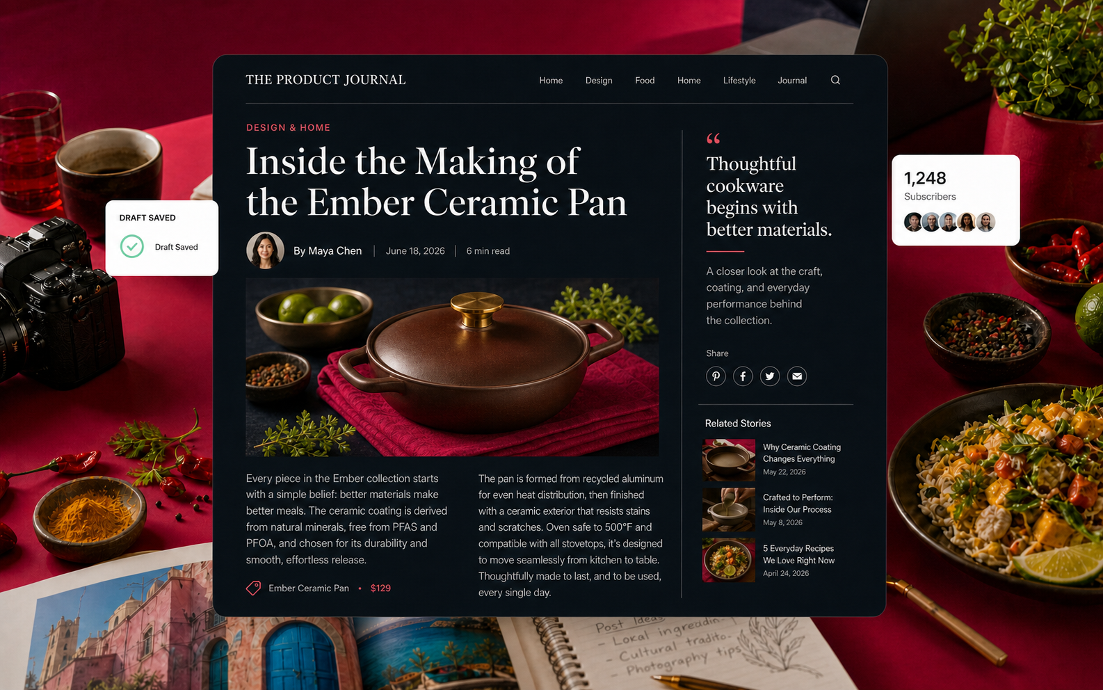 Editorial product blog with author, publication details, article content, and related stories