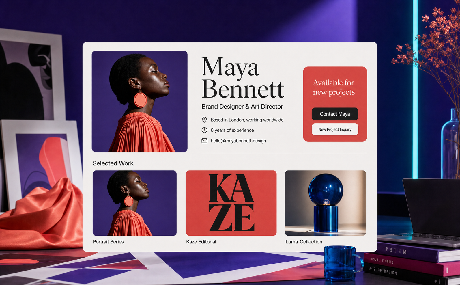 Creative professional portfolio with clear personal details