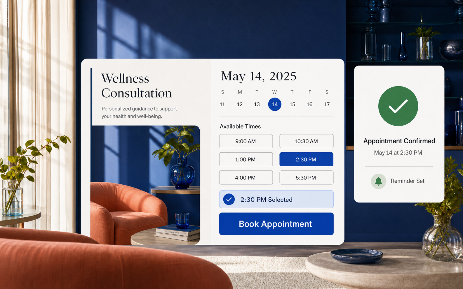 Appointment scheduler showing date, available times, and confirmation