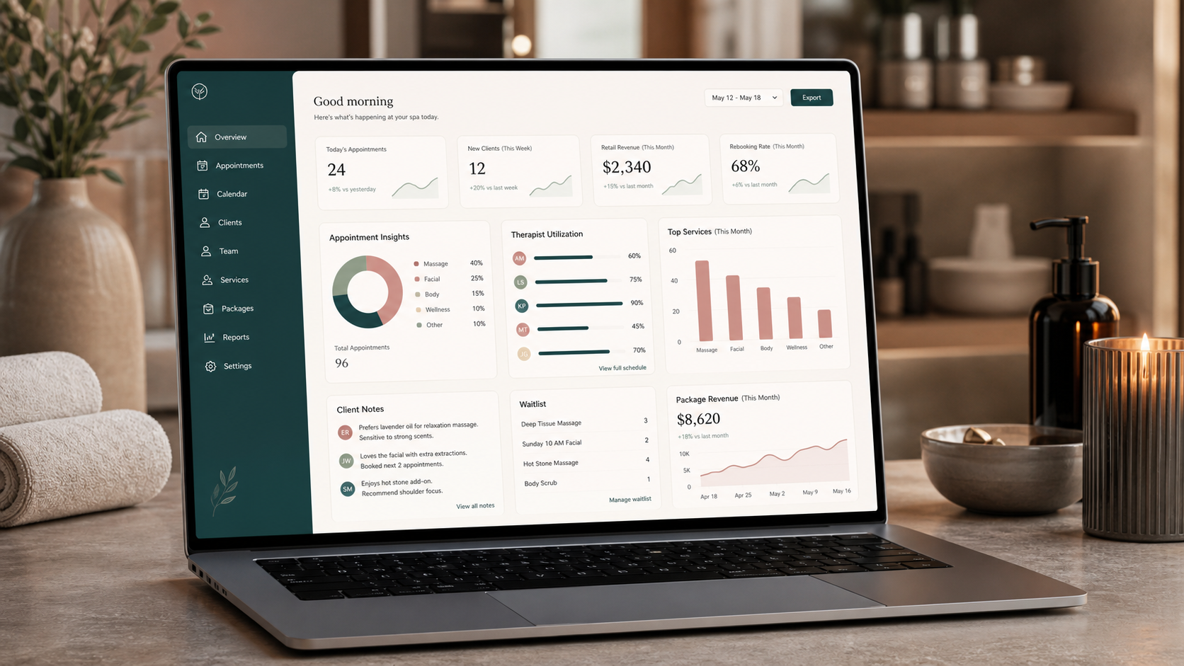 Wellness business appointment dashboard on laptop