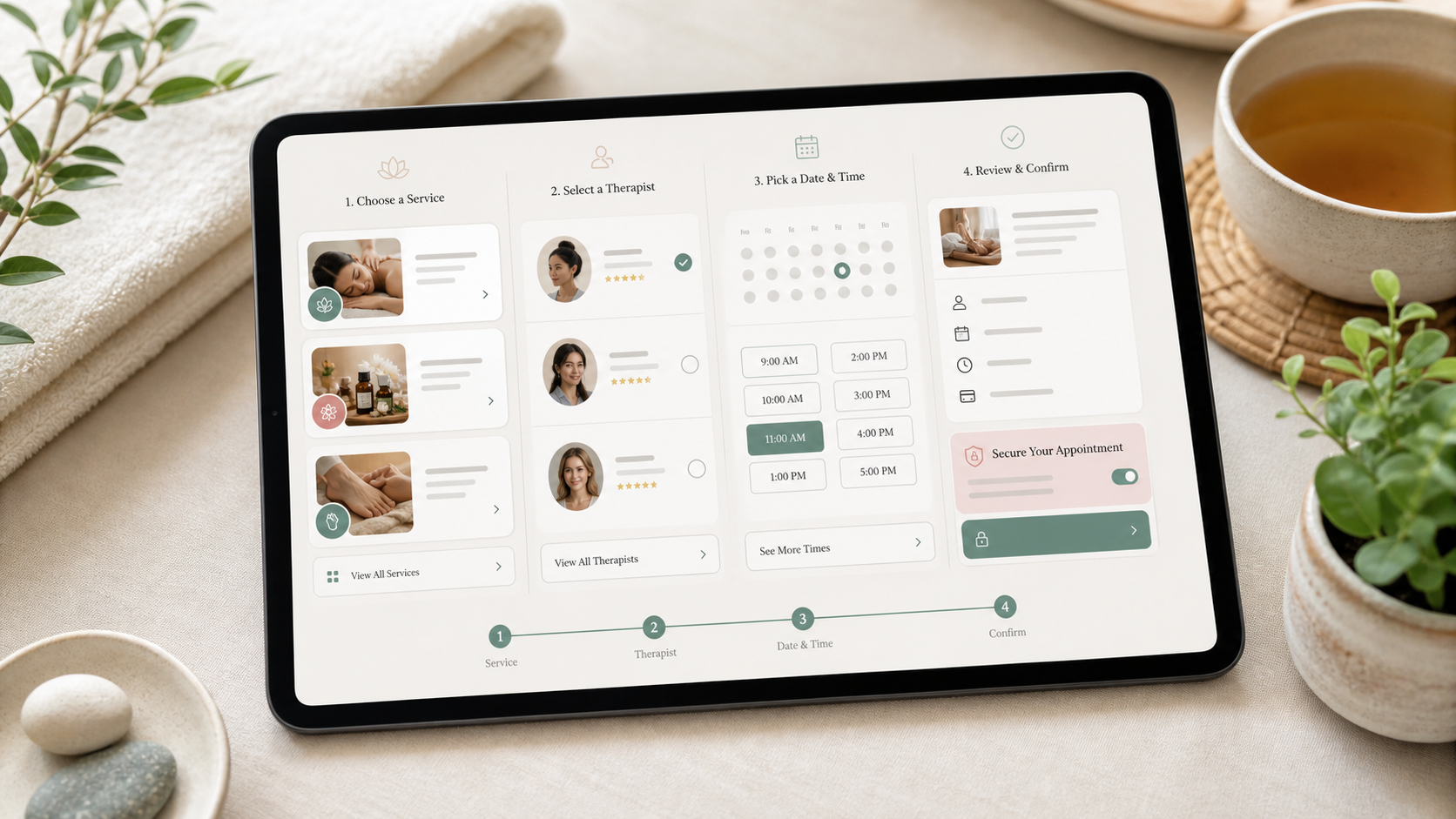 Tablet showing wellness appointment booking flow