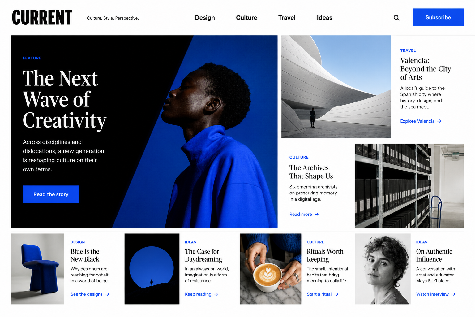 Editorial blog website with navigation bar