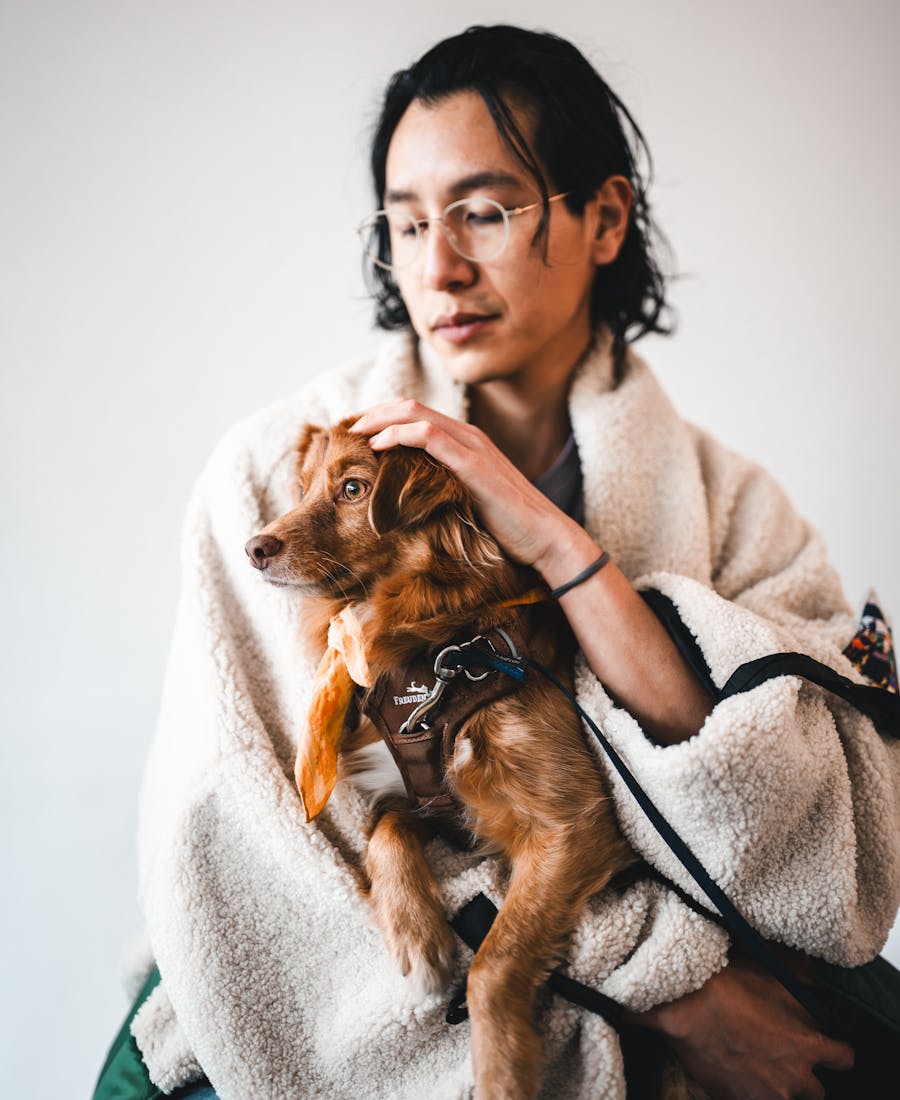 Person holding a small dog wrapped in a blanket
